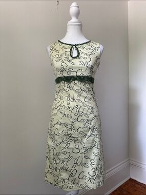 CAROL & JOHN'S Vintage Green Calligraphy Novelty Ruffle Preppy Midi Dress Small